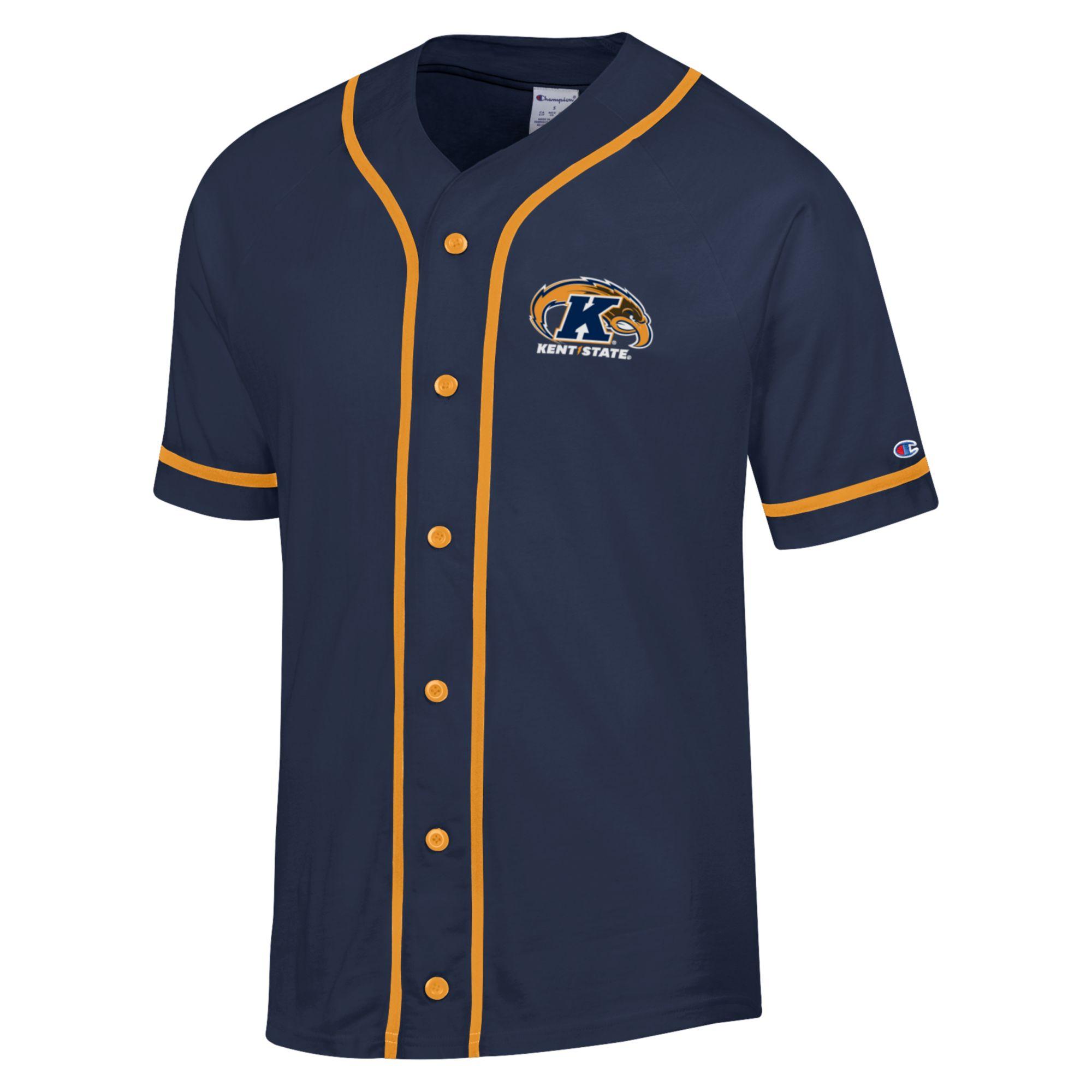 2024 Champion Kent State Navy Baseball Jersey in navy blue with gold trim, featuring Kent State Golden Flashes logo on the chest and Champion brand detail on the sleeve.
