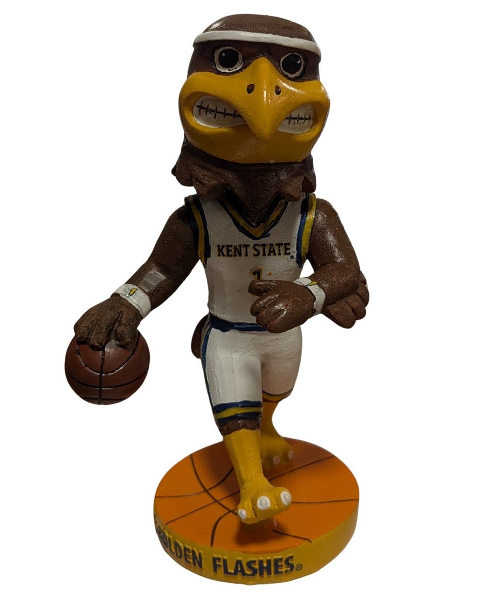 Golden Flashes Bobblehead of a fierce bird mascot wearing a Kent State basketball uniform dribbling a basketball on an orange base with Golden Flashes text.