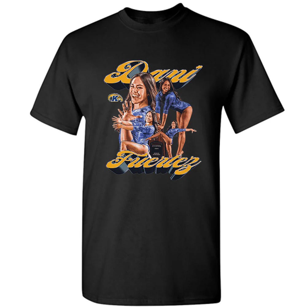 Black Dani Fuertez T-Shirt featuring multiple action poses of a female athlete in blue sportswear with yellow scripted text and a small Kent State logo.