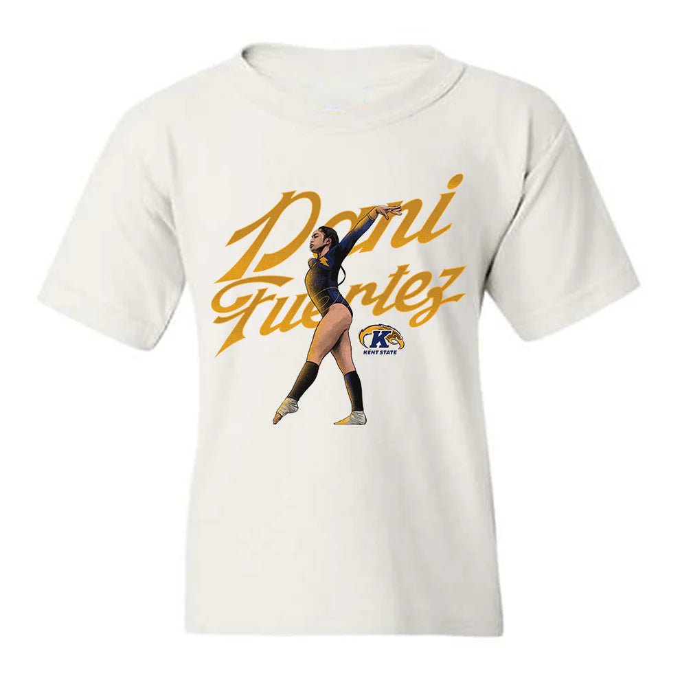 White youth t-shirt featuring a dancer posing in black and gold attire with large gold script reading Dani Fuertez and a small Kent State University logo on the front, Dani Fuertez Youth T-Shirt.