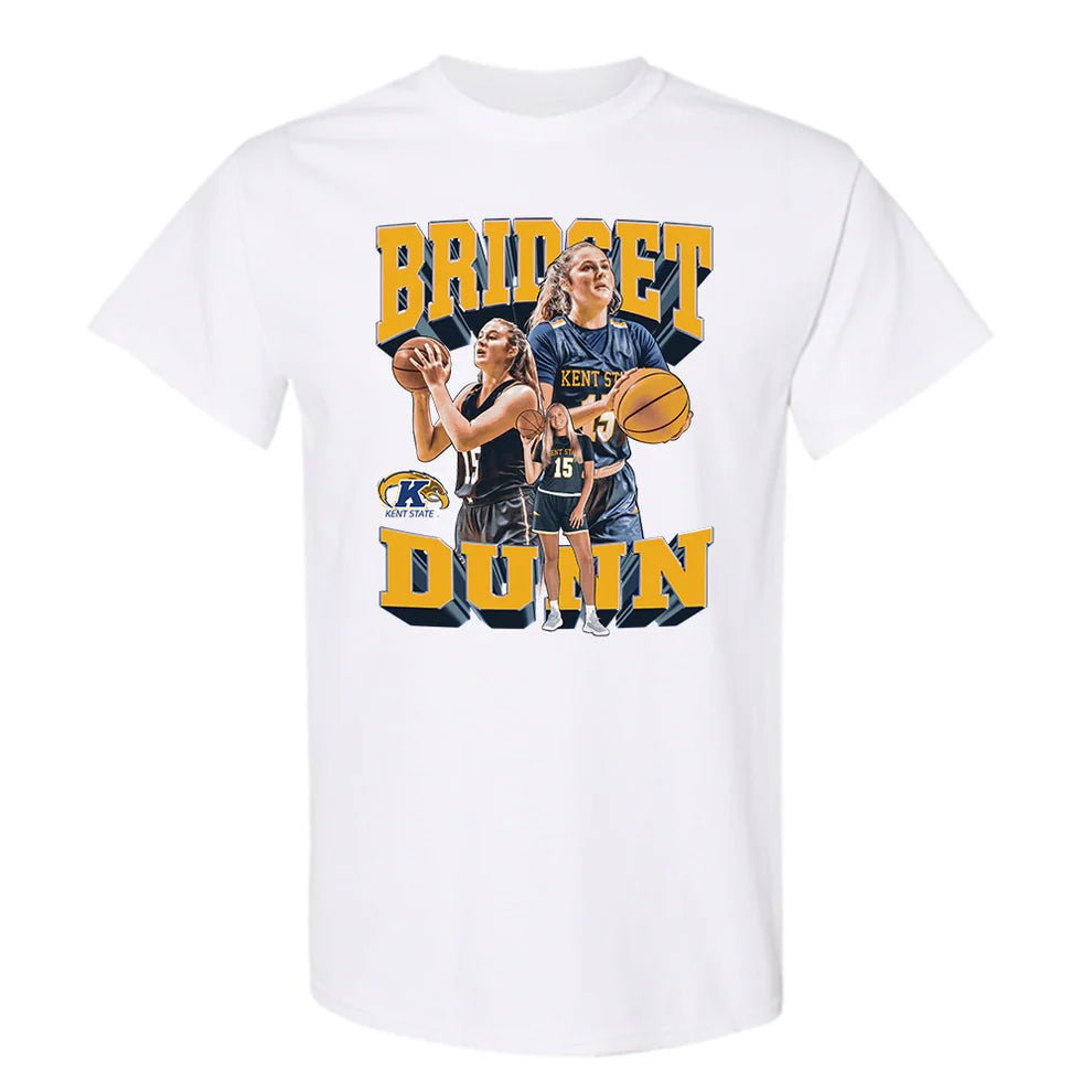 White Bridget Dunn T-Shirt featuring a graphic of a female basketball player in Kent State University uniform holding a basketball with bold yellow and navy lettering.