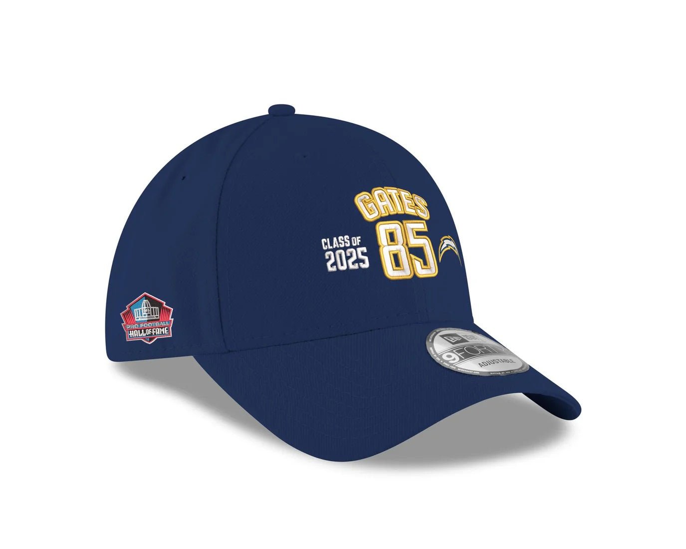 Antonio Gates Hall Of Fame Navy Hat featuring class of 2025 embroidery, number 85, and a Hall of Fame patch on the side, perfect for Kent State Golden Flashes apparel.