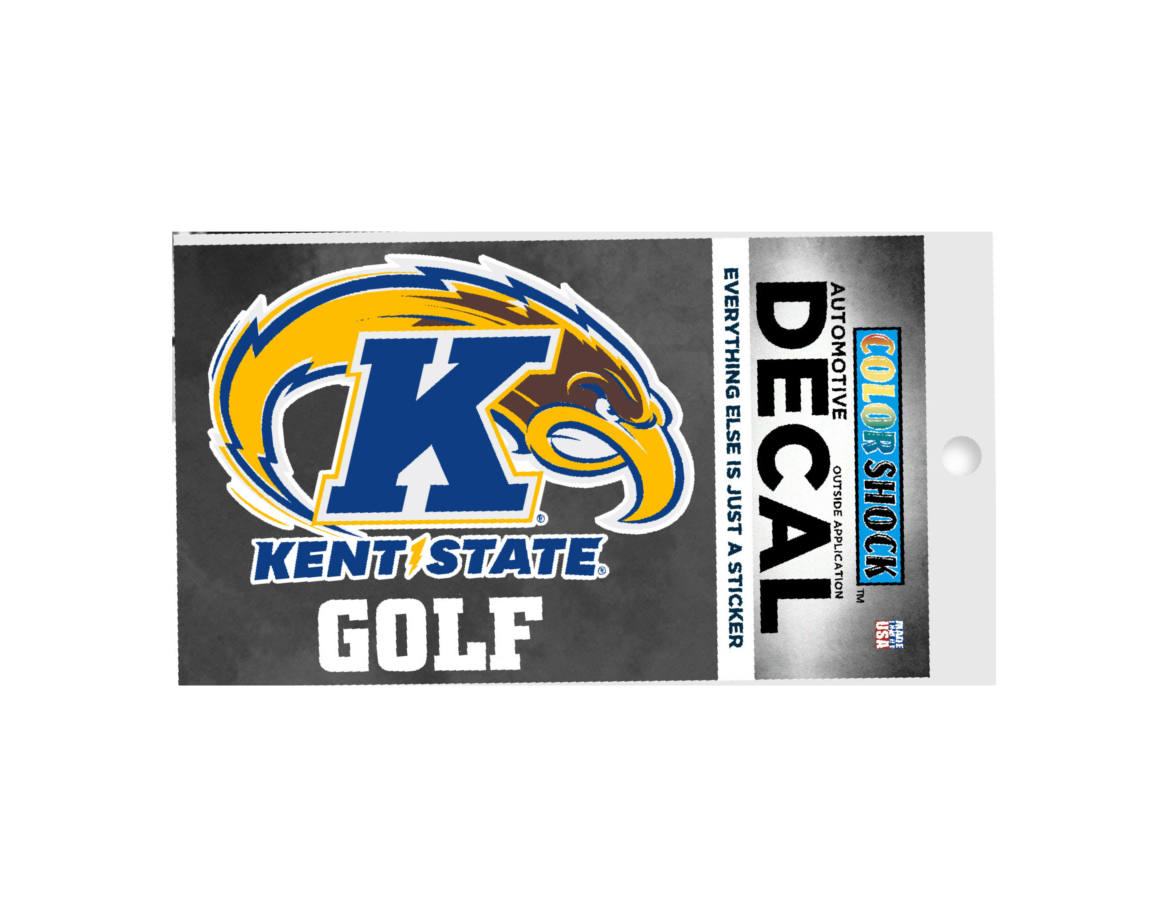 Kent State Golf Decal featuring the Kent State Golden Flashes logo in blue and gold with a stylized eagle, designed for golf fans and Kent State apparel enthusiasts.