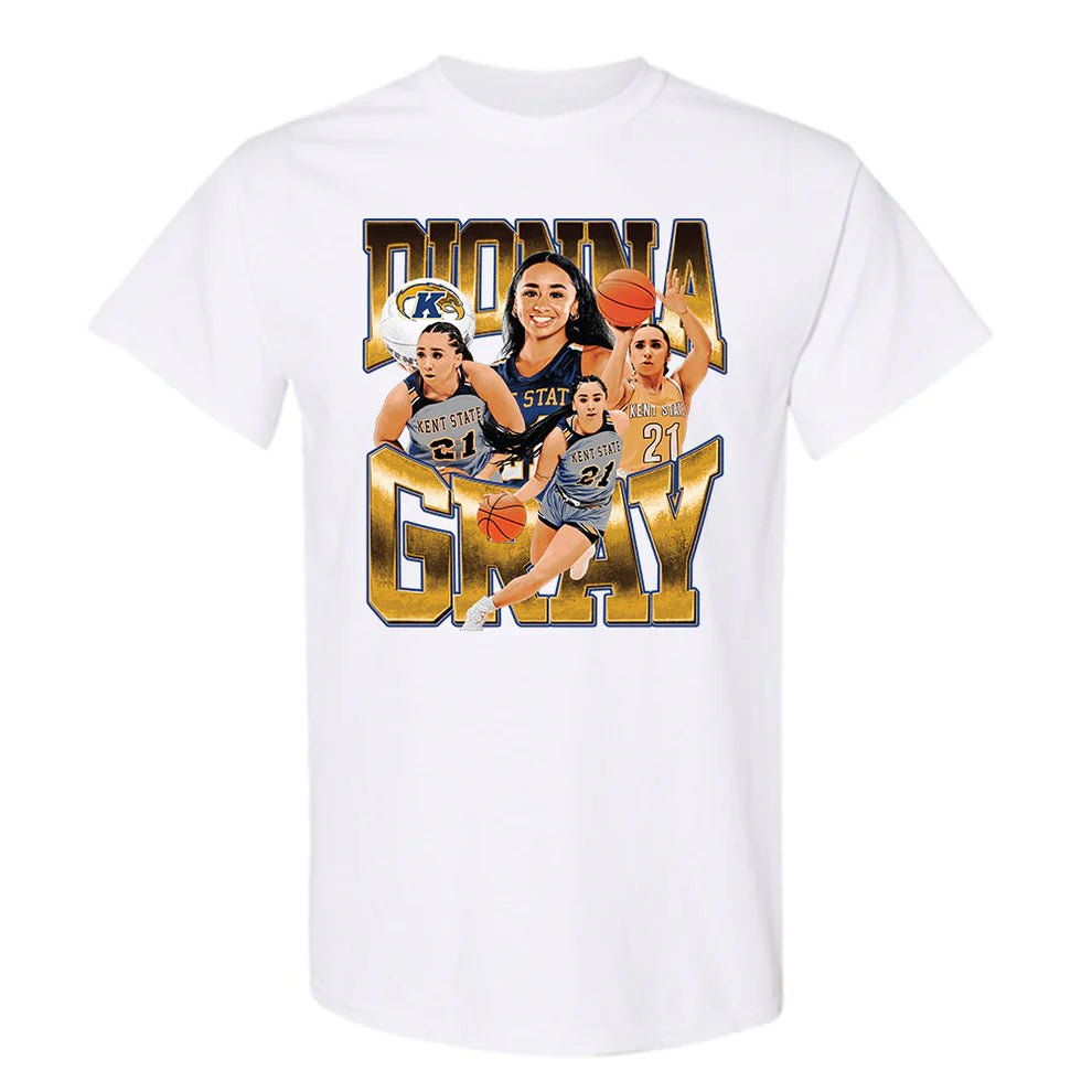 White Dionna Gray T-Shirt featuring multiple action images of a female basketball player in Kent State apparel with bold gold lettering on the front.