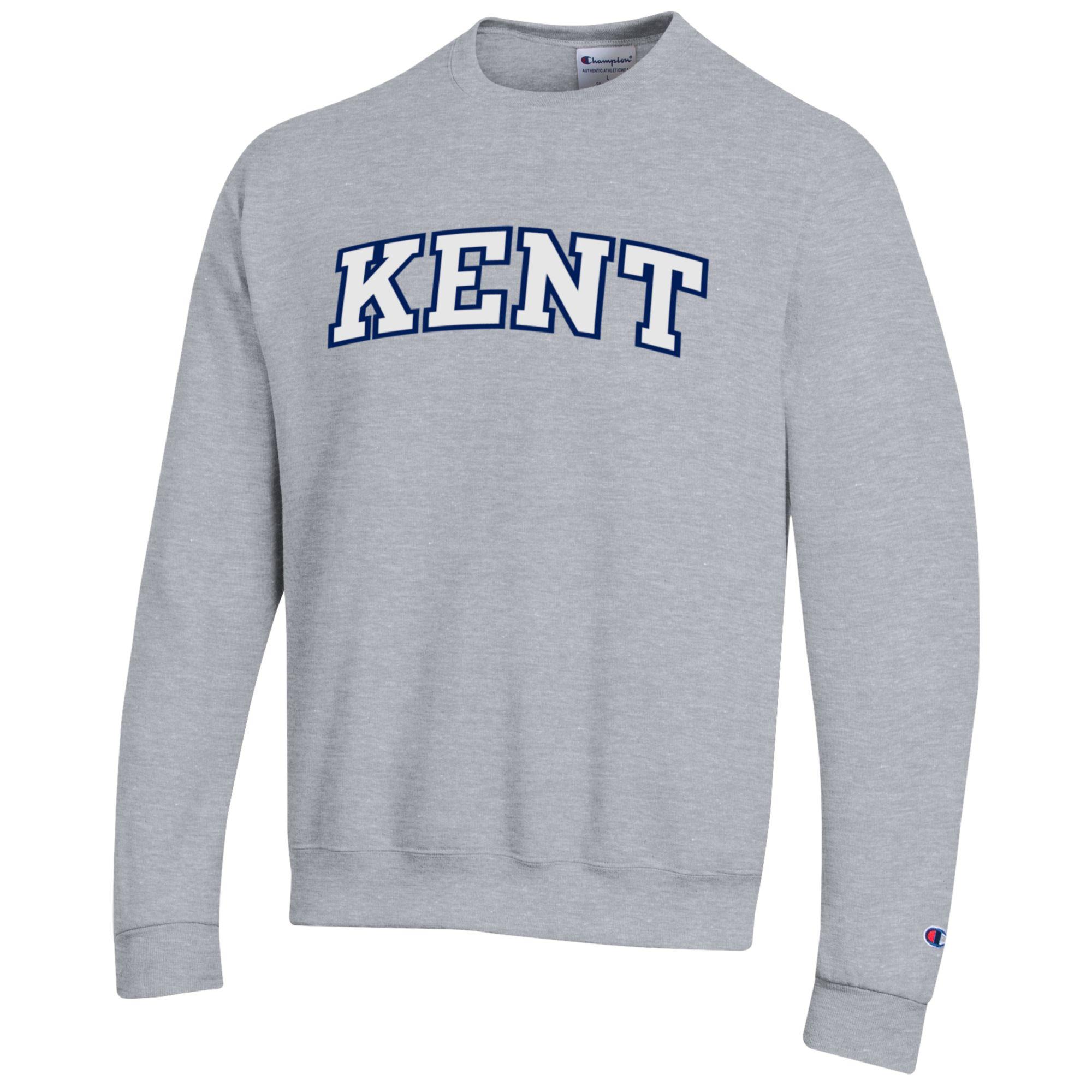 Champion Kent Embroidered Gray Crewneck featuring a comfortable gray fabric with navy blue "KENT" embroidery across the chest, perfect Kent State apparel for casual wear.