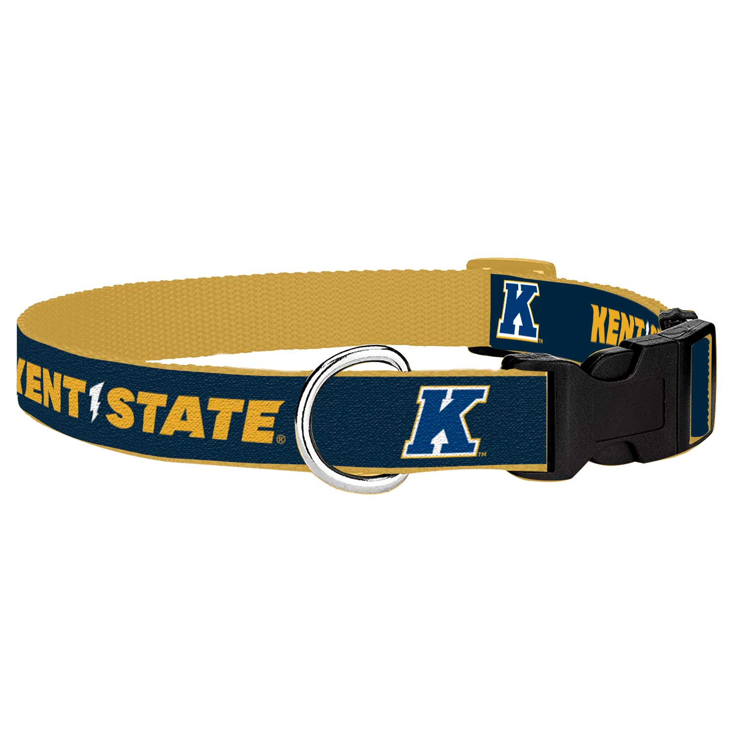 Pet Collar Small featuring Kent State branding in blue and yellow with a metal D-ring and black plastic buckle for secure fastening.