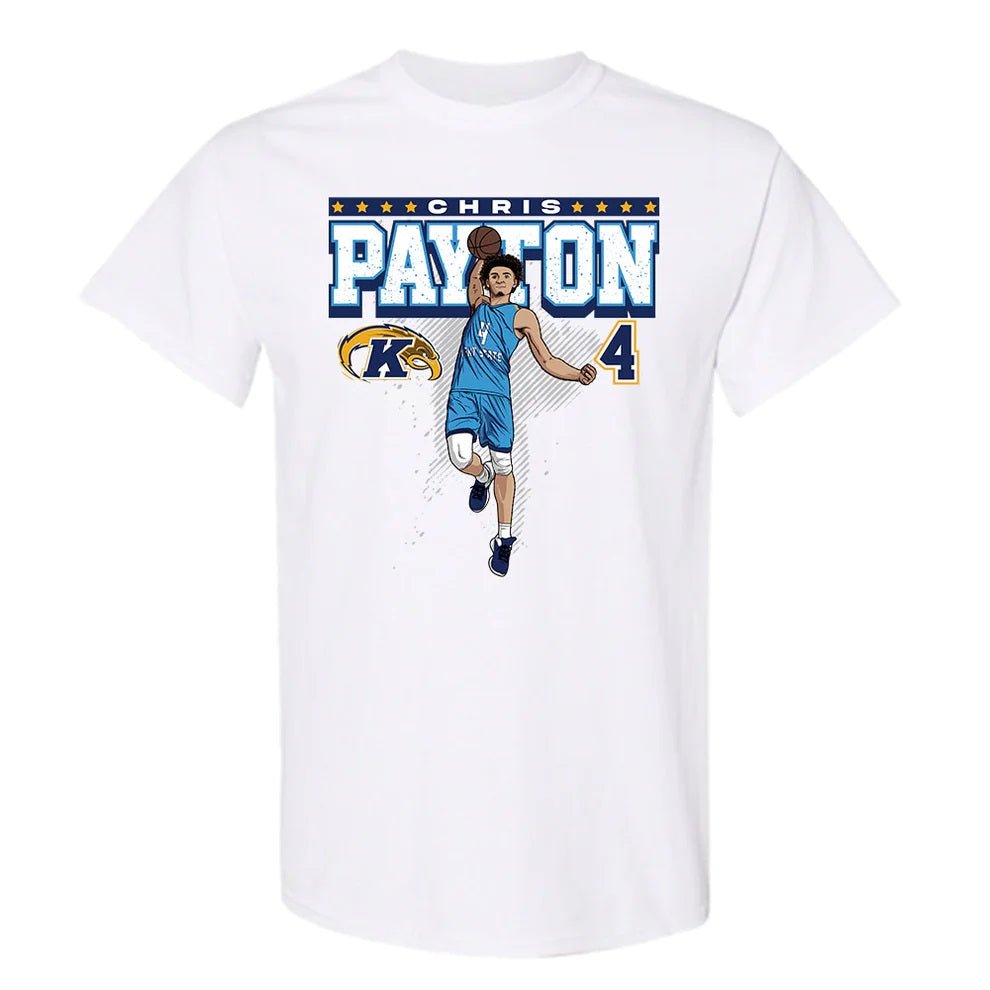 White Chris Payton Caricature T-Shirt featuring a cartoon basketball player in blue uniform with the number 4, Kent State logo, and bold text on the front.
