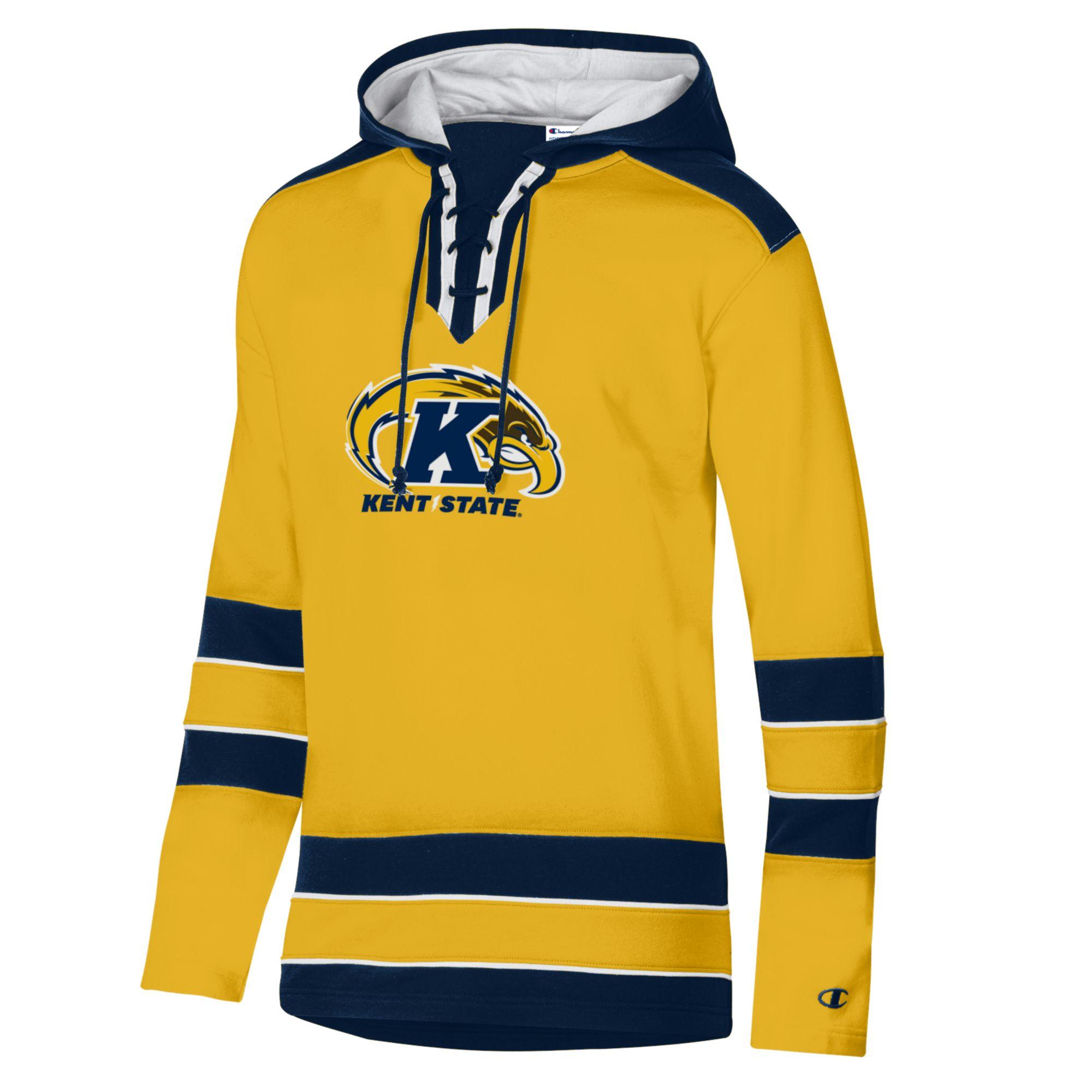 Kent State Super Fan Hockey Hood in gold with navy blue and white accents, featuring the Kent State Golden Flashes logo and lace-up hood detail.
