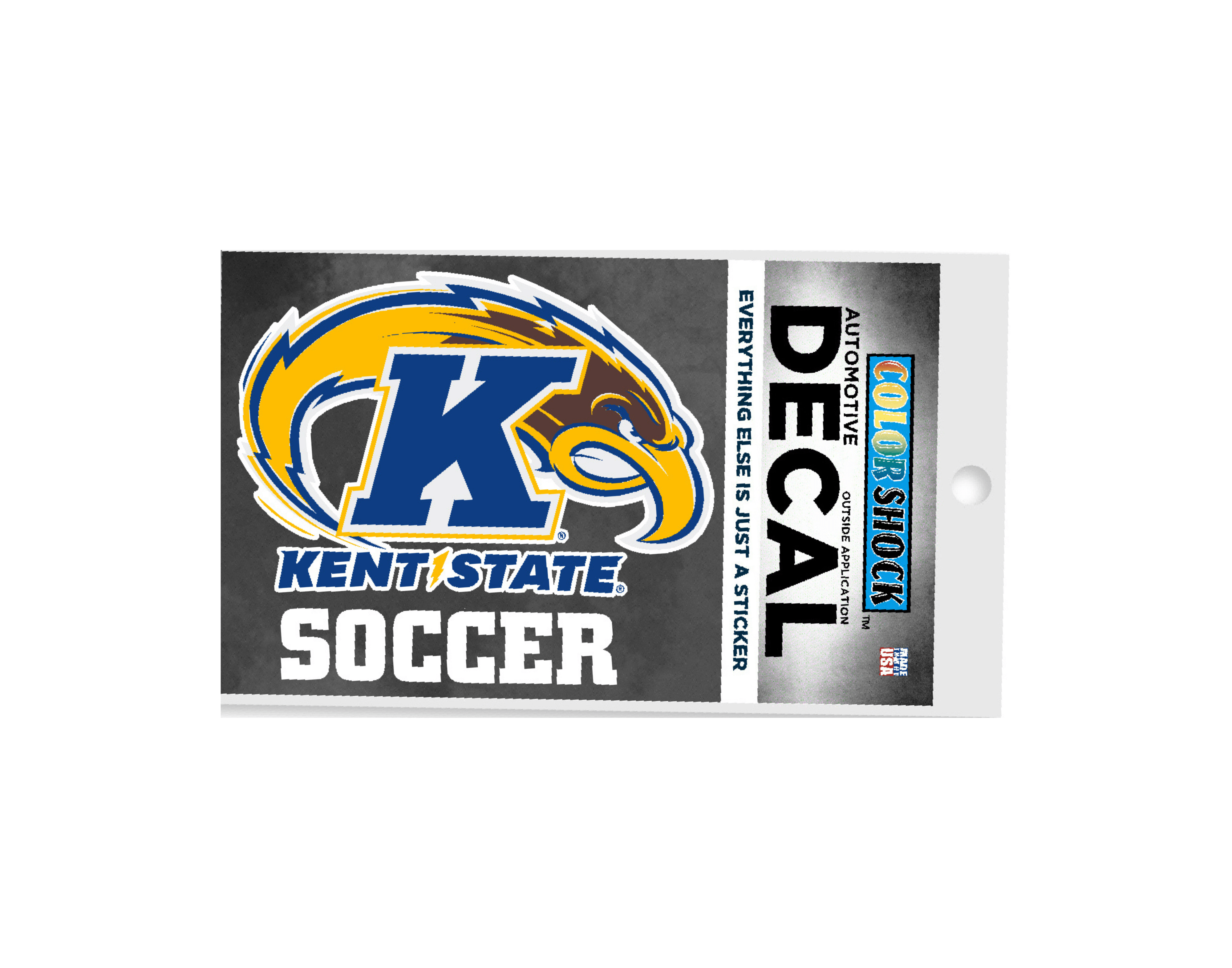 Kent State Soccer Decal featuring the blue and gold Kent State logo with a fierce golden eagle and bold soccer text, perfect for fans of Kent State University athletics.