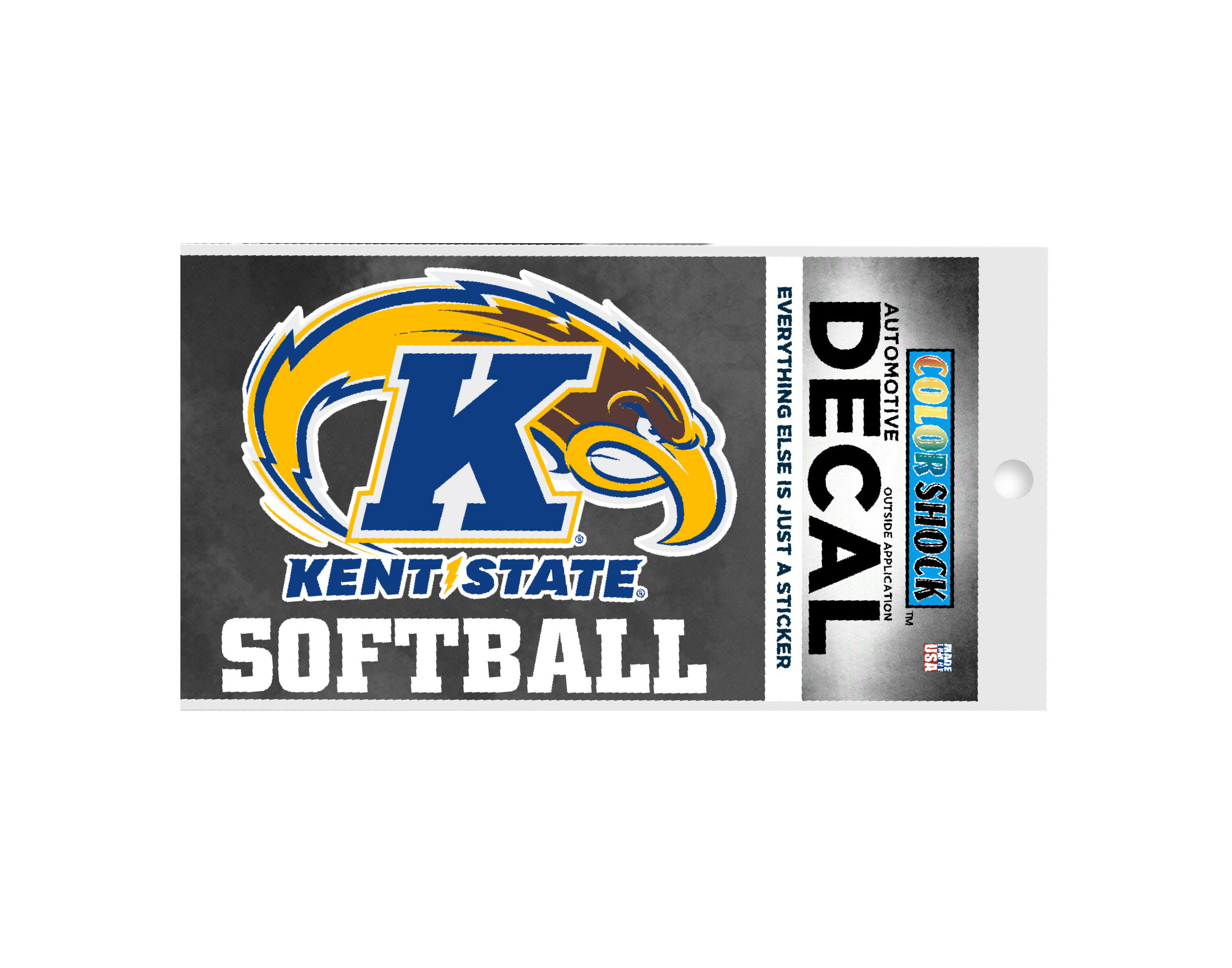 Kent State Softball Decal featuring the Kent State Golden Flashes logo with a large blue letter K and golden flash design on a white background with bold text below.