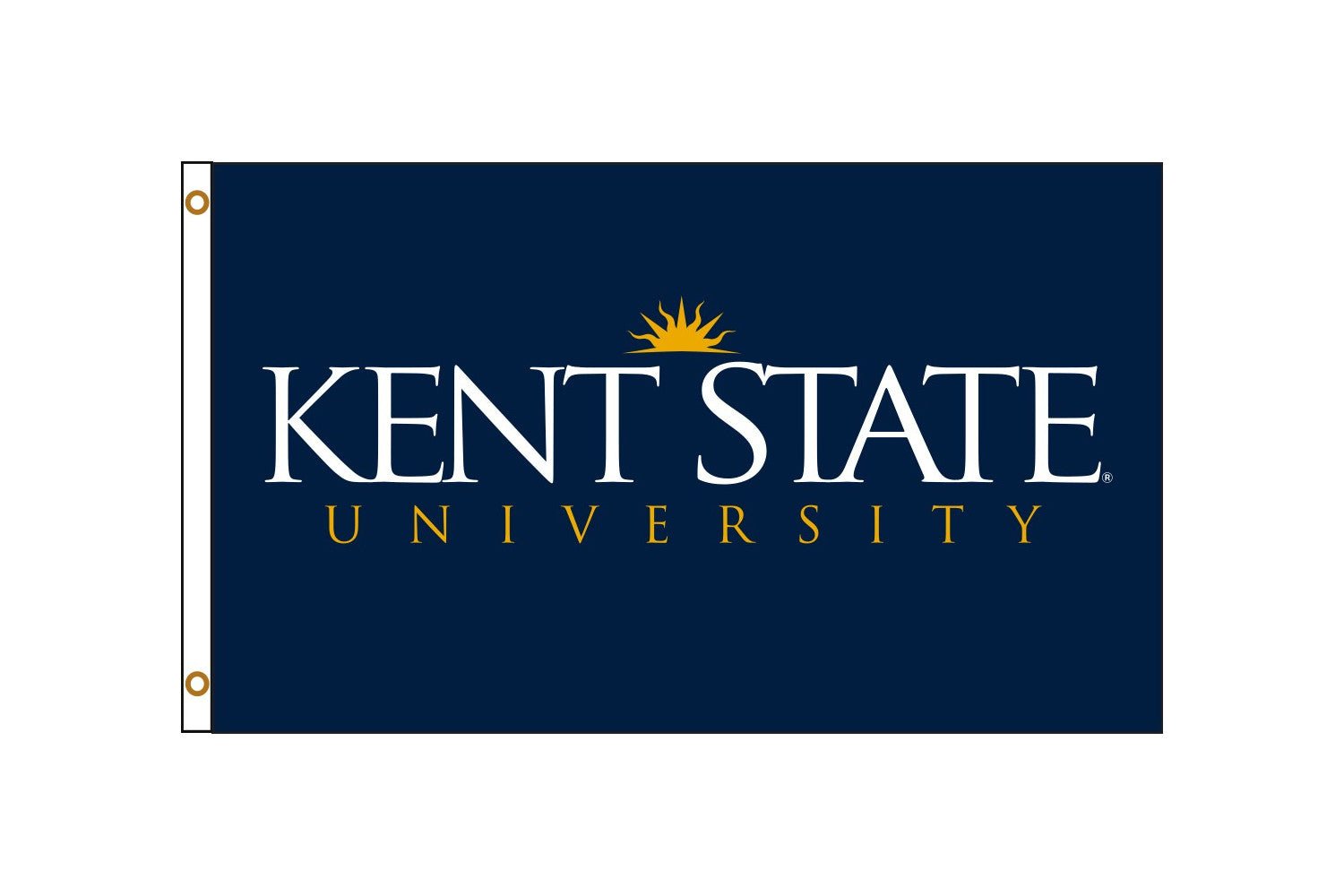 3x5 Flag Sunburst featuring navy blue background with white text reading Kent State and a golden sunburst above the lettering, representing Kent State University.