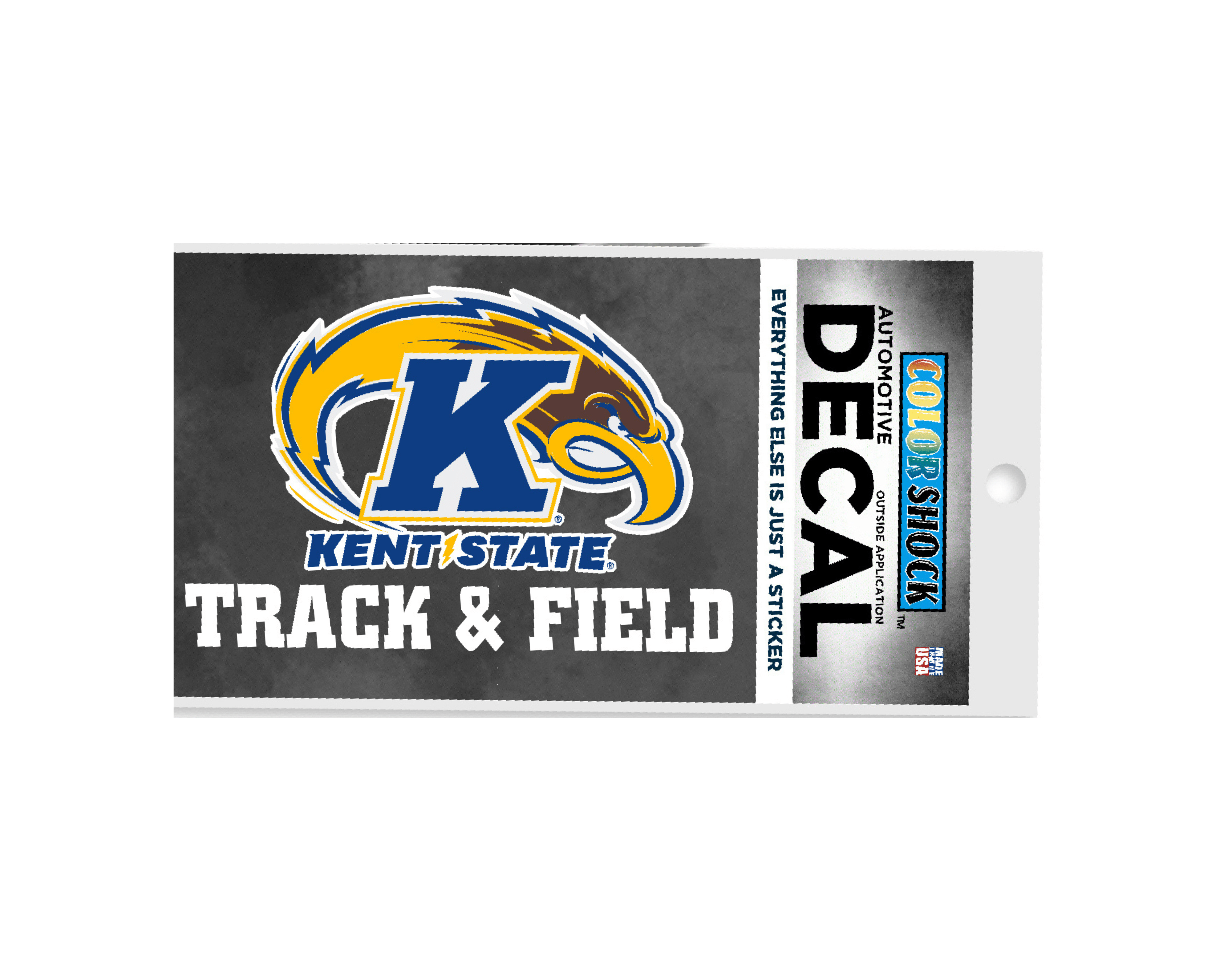 Kent State Track & Field Decal featuring the Kent State University Golden Flashes logo in blue and gold on a gray background, perfect for fans of Kent State apparel.