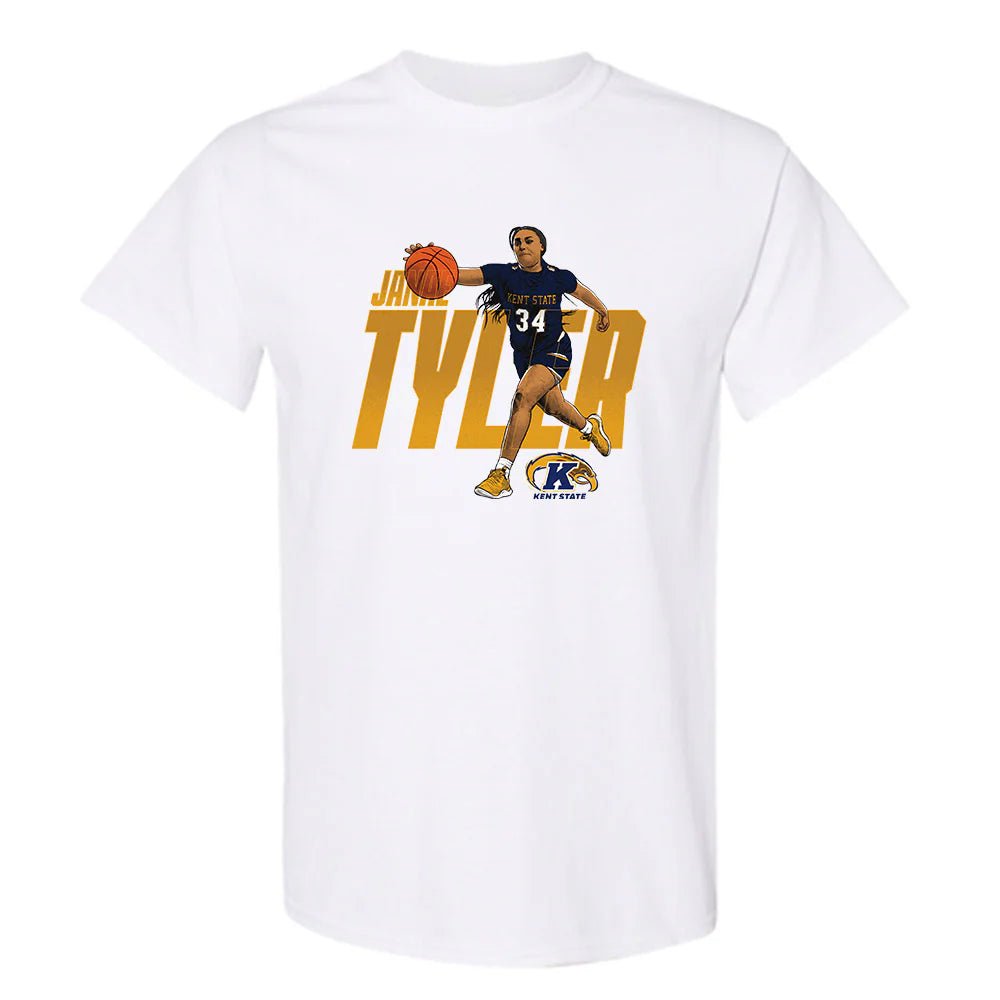 Janae Tyler T-Shirt featuring an illustration of a female basketball player dribbling, with bold yellow text and Kent State University logo on white apparel.