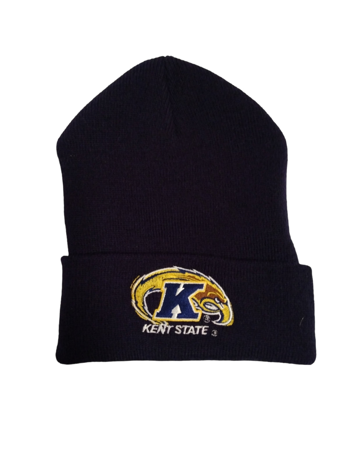 Kent State Primary Logo Solid Cuffed Beanie in navy blue featuring the Kent State Golden Flashes logo embroidered on the front, perfect for cold weather and showing school spirit.