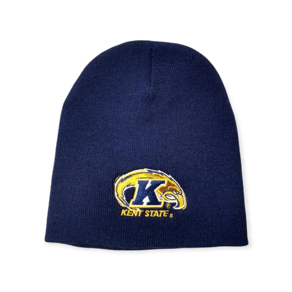 Navy blue knit beanie featuring the Kent State Primary Logo embroidered in yellow and white, perfect for showing Kent State University spirit in cold weather.