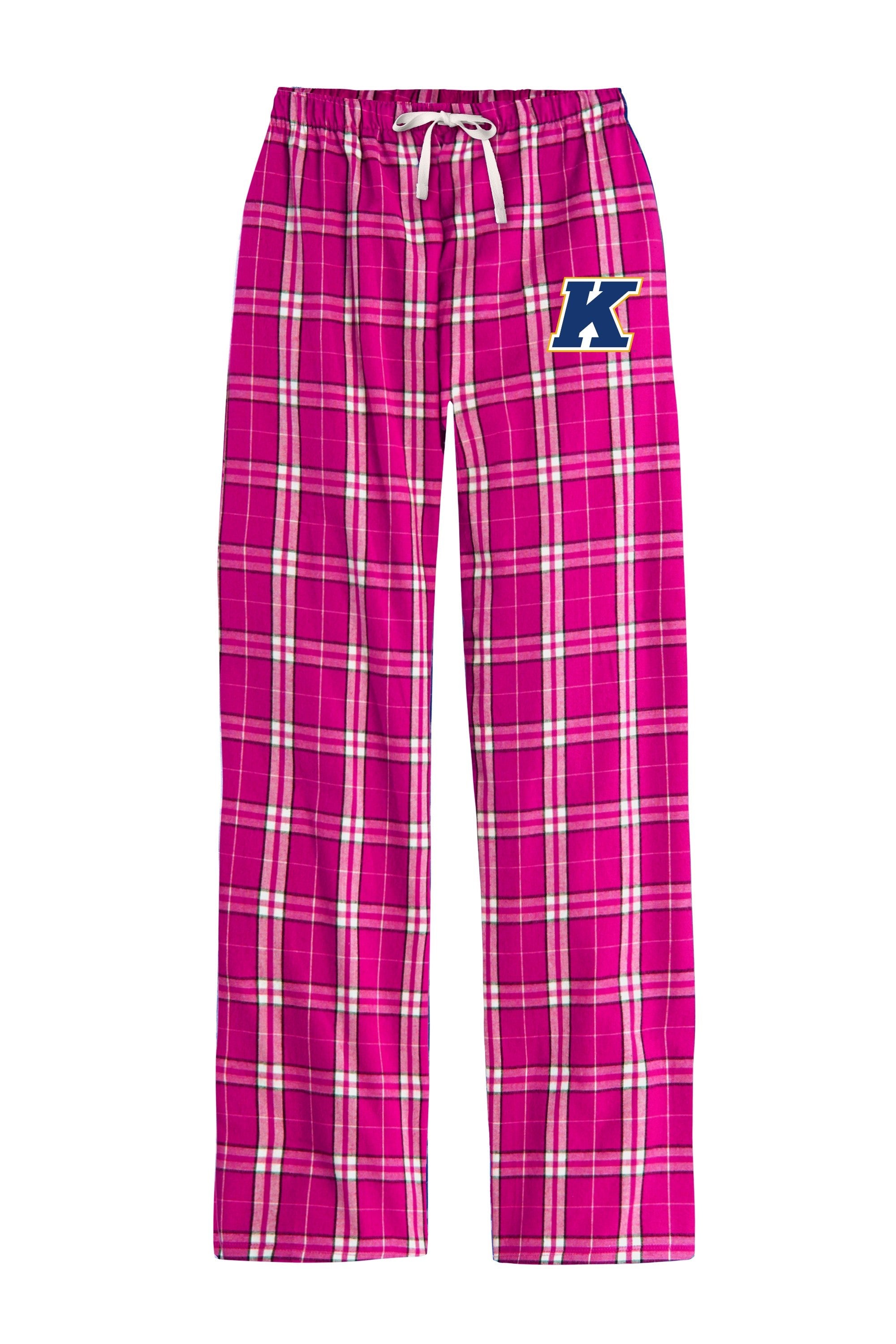 Pink Kent State Flannel Pajama Bottoms featuring a bright pink plaid pattern with white and gray stripes, an elastic waistband with a white drawstring, and a Kent State "K" logo on the left thigh.