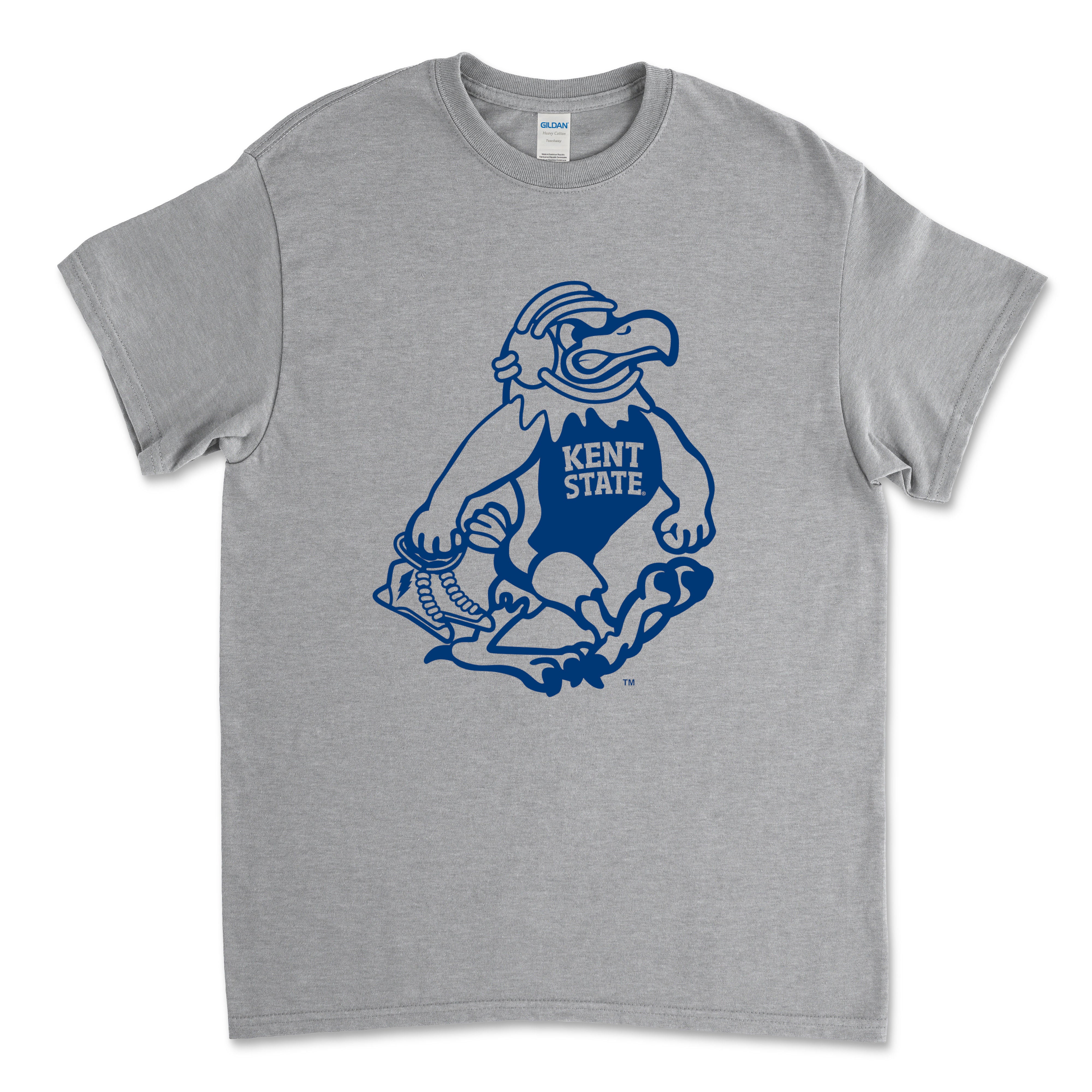 Gray Fearless Flash Wrestling T-Shirt featuring a blue graphic of the Kent State Golden Flash mascot wearing wrestling gear on a light gray cotton fabric, Kent State apparel.
