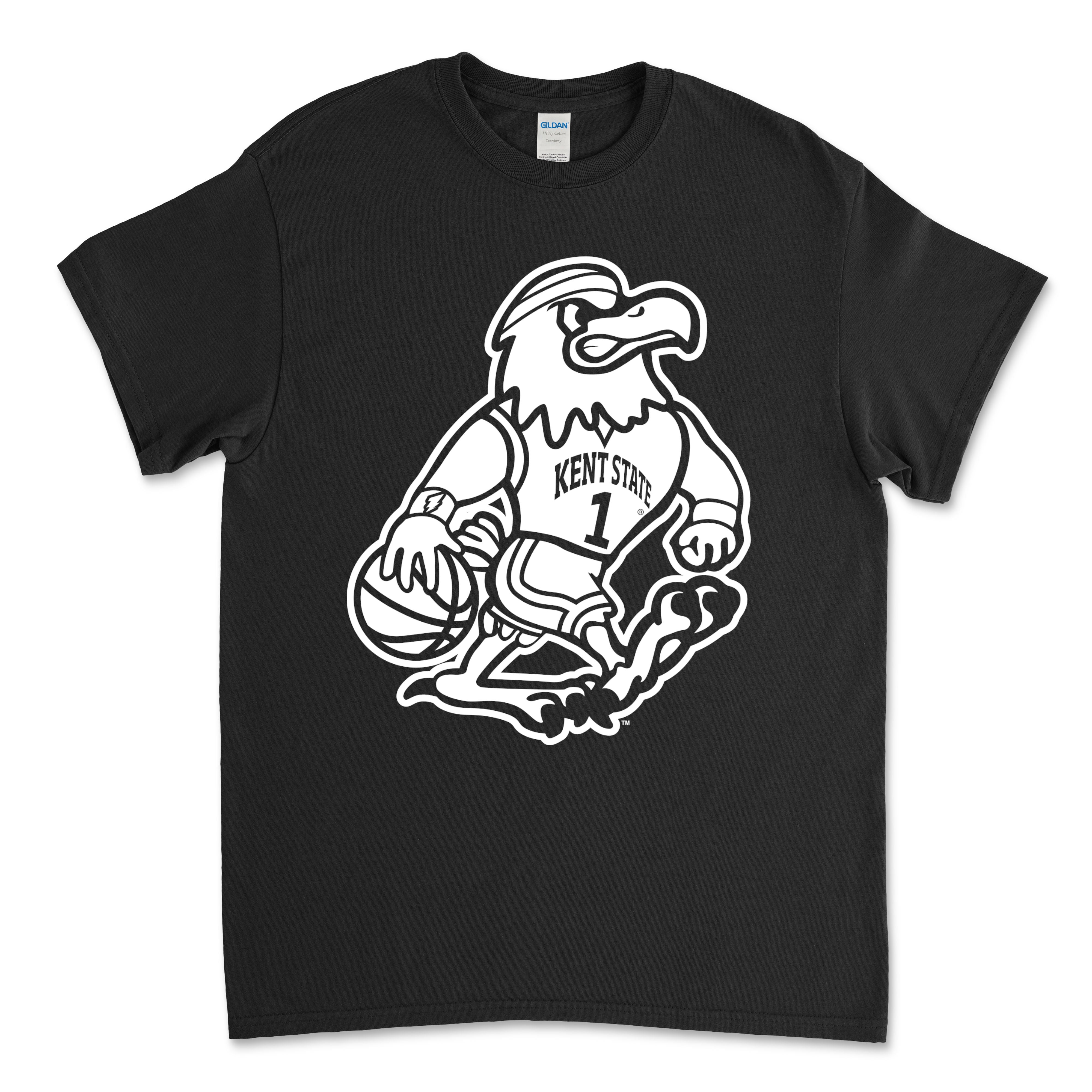 Black Fearless Flash Basketball T-Shirt featuring a bold white graphic of an eagle dribbling a basketball wearing a Kent State jersey, ideal for Kent State apparel fans.