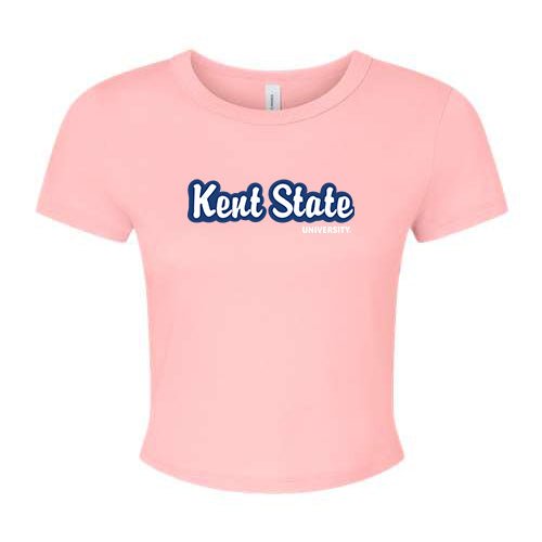 Kent State University Light Pink Baby Tee featuring a soft pink fabric with navy blue and white Kent State logo text, perfect for young fans of Kent State apparel.
