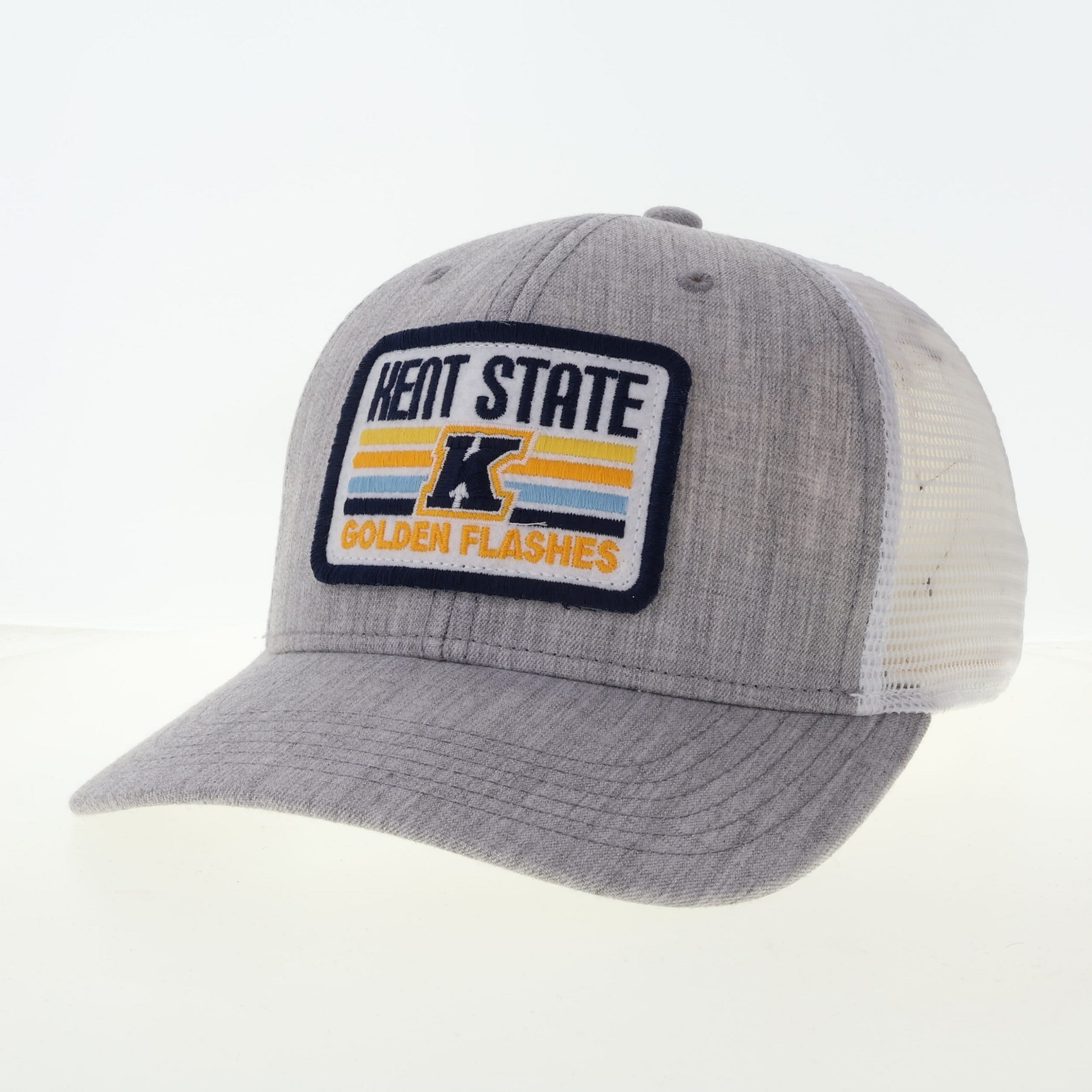 Kent State Melange Grey/White Trucker MPS W/Navy White Daybreak cap featuring a grey front panel with embroidered Kent State Golden Flashes patch and white mesh back.