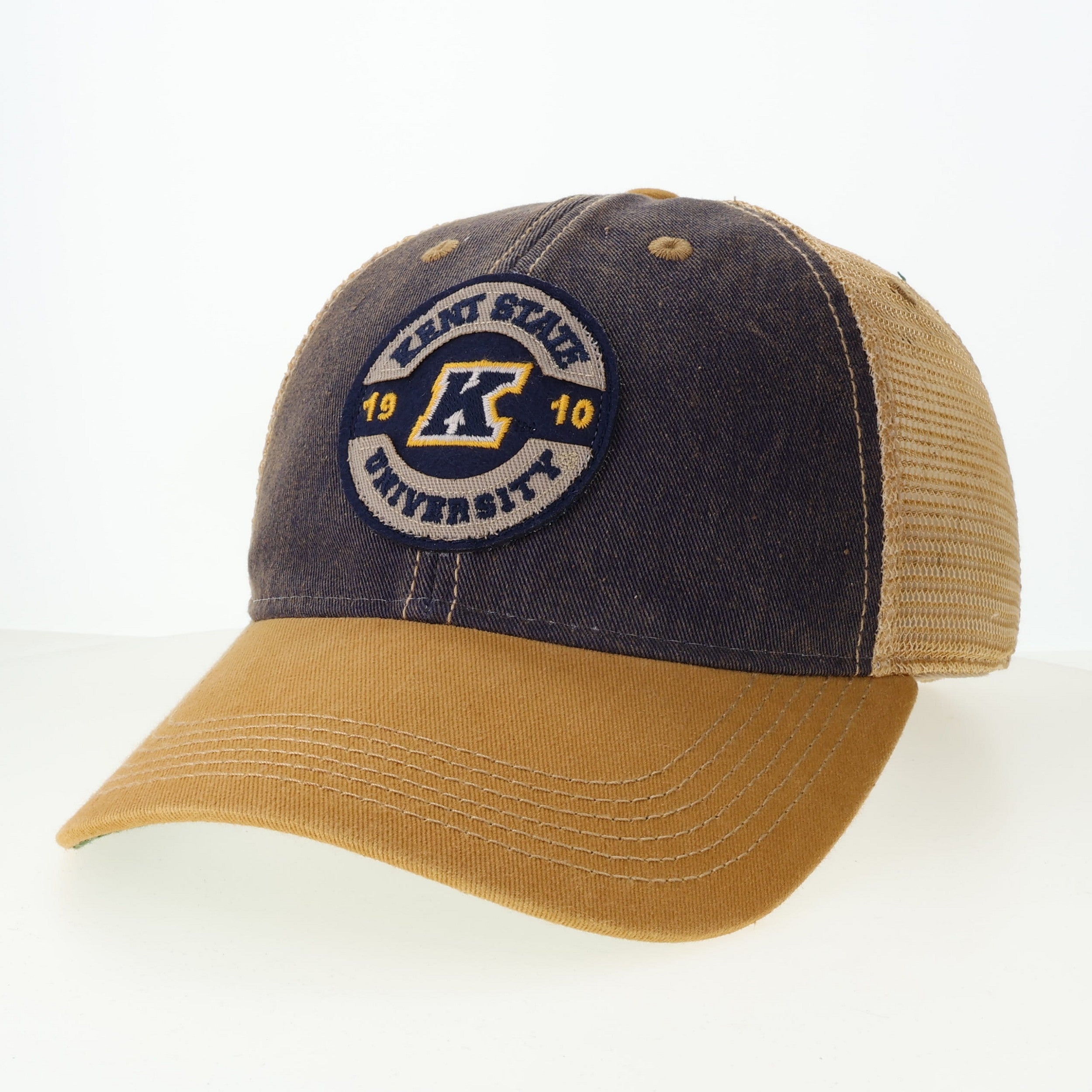 Kent State Navy/Yellow Trucker OFA W/Navy Khaki Token hat featuring a navy front panel with embroidered Kent State University emblem and khaki mesh back panels with a yellow brim.