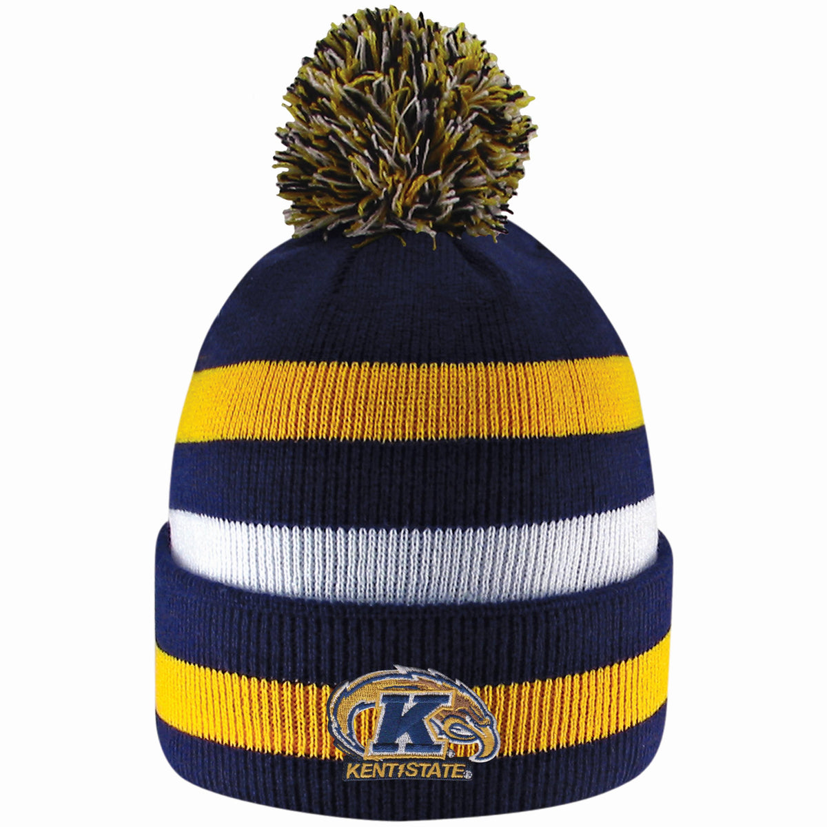 Primetime Striped Knit Hat in navy with yellow and white stripes, featuring a multicolor pom-pom on top and an embroidered Kent State logo on the cuff.