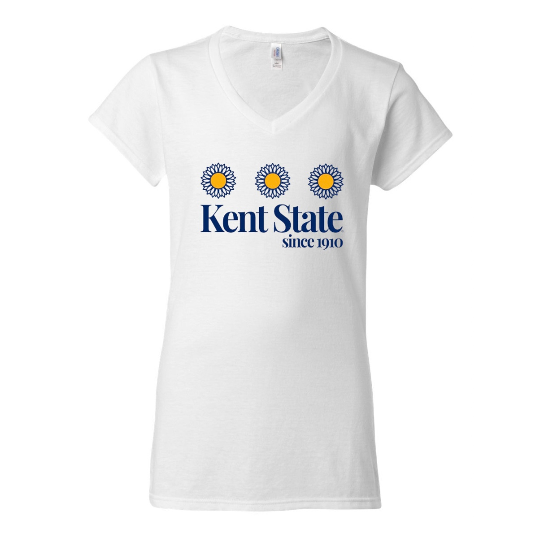 Kent State White V-Neck With 3 Flower T-Shirt