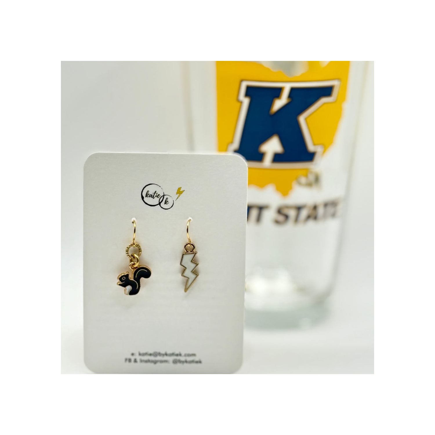 Black Enamel Squirrel with White Lightning Bolt Earrings