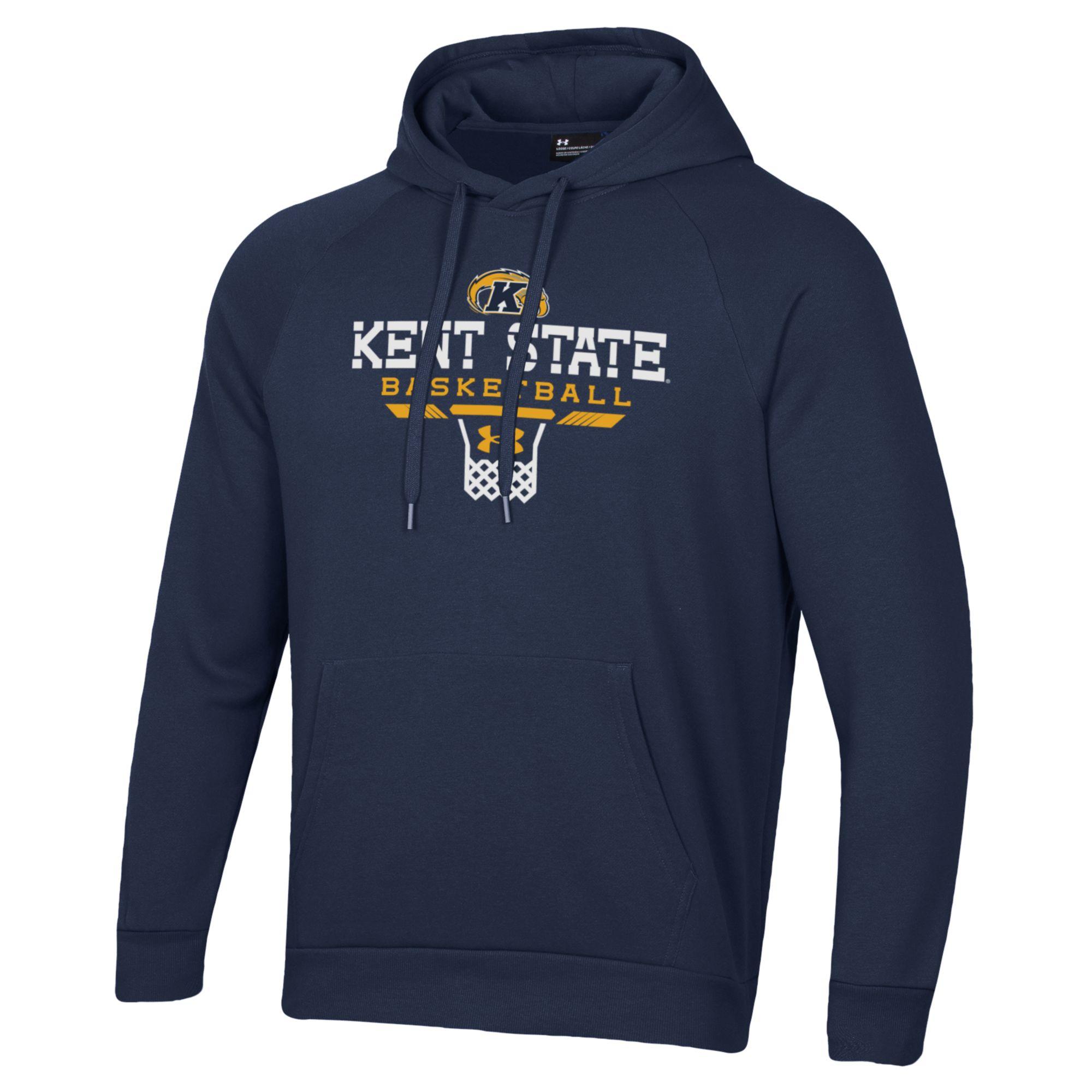 Navy blue Kent State Under Armour Basketball Hood featuring Kent State and basketball graphics in white and gold, with a front kangaroo pocket and adjustable drawstring hood.