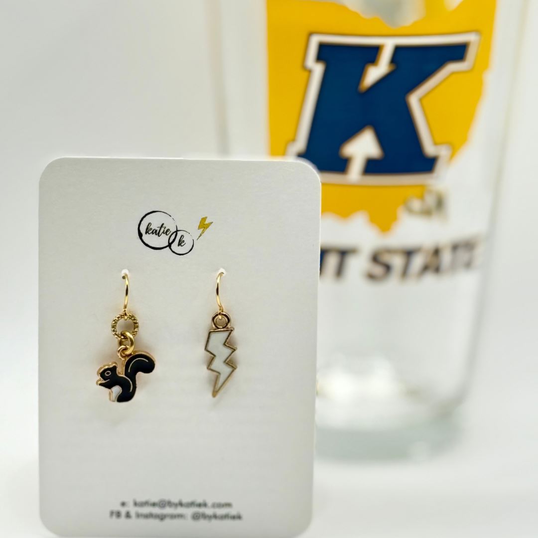 Black Enamel Squirrel with White Lightning Bolt Earrings